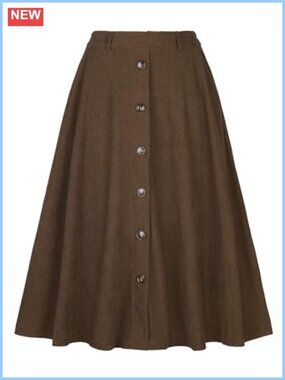 Corduroy High Waist A-Line Flared Midi Skirt Button Down Elastic Waist